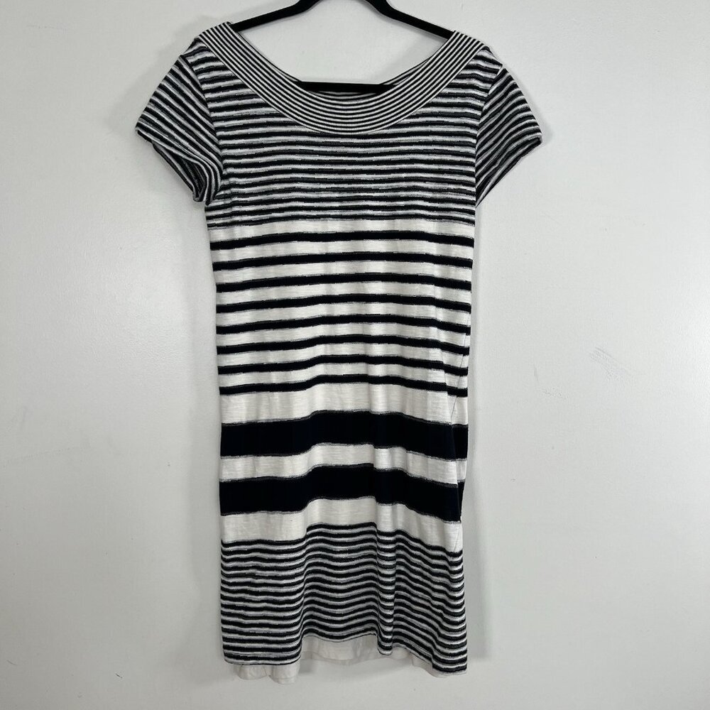 Maeve T-Shirt Dress Boat Neck Short Sleeve Black Ivory Striped T-Shirt Dress S